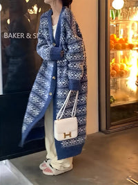 Lisonie | Boho Chic Ethno Strickjacke mit stilvollem langen V-Ausschnitt – Blau