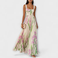 Faltenmaxikleid aus Chiffon mit Blumenmuster – Weiß