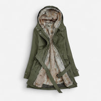 Gefütterte Winterjacke für Damen mit integrierter Kapuze und verstellbarem Bindegürtel – Grün