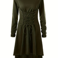 Damen Halloween-Kleid mit Kapuze | Schnürung & Asymmetrischer Saum – Oliv