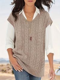 Yana Sommerpullunder | Eleganter ärmelloser Pullover mit Zopfmuster und V-Ausschnitt für Damen – Khaki