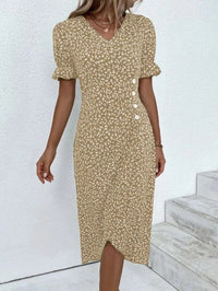 Sommerkleid für Damen - Luftiges Maxikleid mit V-Ausschnitt und Puffärmeln – Khaki
