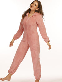 Leyetta | Reißverschluss Teddy-Jumpsuit mit Kapuze – Rosa