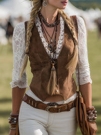 Calliope | Damen Western Langarm Spitzenärmel Bluse – Braun