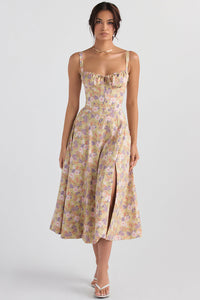 Karoline | Midi-Bustier-Korsett-Sonnenkleid – Gelber Druck