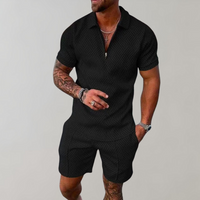 Caspian | Herren Texturiert Polo Shorts Set – Schwarz