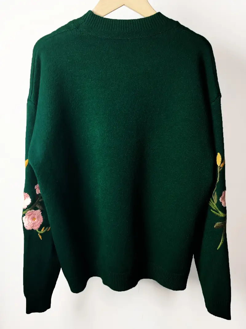 Greni | Gemütlicher Crew-Pullover mit Blumenstickerei und Strickmuster