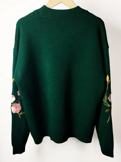 Greni | Gemütlicher Crew-Pullover mit Blumenstickerei und Strickmuster