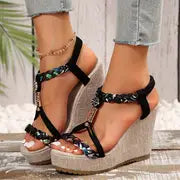 Esme | Vintage Style Frauen Sommer Wedges Sandalen – Schwarz