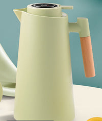 Isolierte Glas-Thermoskanne – Temperaturanzeige & Holzgriff – Cyan