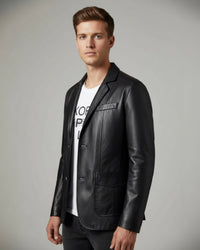 Blazer Jacke für Herren im Lederlook mit Knopfverschluss – Schwarz