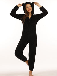 Leyetta | Reißverschluss Teddy-Jumpsuit mit Kapuze – Schwarz