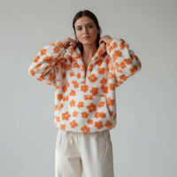 Bunter Oversize Teddy Pullover für Damen mit kurzem Reißverschluss und Stehkragen – Orange