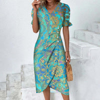 Sommerkleid für Damen - Luftiges Maxikleid mit V-Ausschnitt und Puffärmeln – Himmelblau