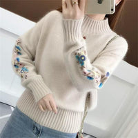 Vyrelith | Strickpullover aus dickem Kaschmir mit Blumenstickerei – Khaki