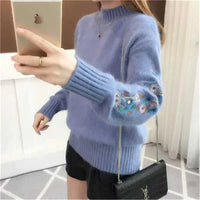 Vyrelith | Strickpullover aus dickem Kaschmir mit Blumenstickerei – Blau