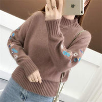 Vyrelith | Strickpullover aus dickem Kaschmir mit Blumenstickerei – Braun