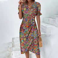 Sommerkleid für Damen - Luftiges Maxikleid mit V-Ausschnitt und Puffärmeln – Bunt