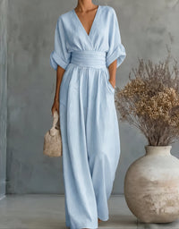 Xylora - Hochwertiger weitbeiniger Jumpsuit mit V-Ausschnitt – Himmelblau