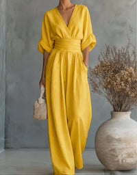 Xylora - Hochwertiger weitbeiniger Jumpsuit mit V-Ausschnitt – Gelb