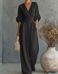 Xylora - Hochwertiger weitbeiniger Jumpsuit mit V-Ausschnitt – Schwarz