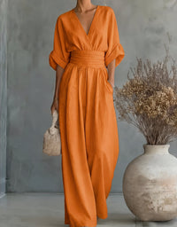 Xylora - Hochwertiger weitbeiniger Jumpsuit mit V-Ausschnitt – Orange