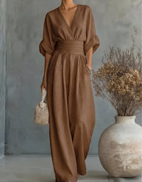 Xylora - Hochwertiger weitbeiniger Jumpsuit mit V-Ausschnitt – Braun