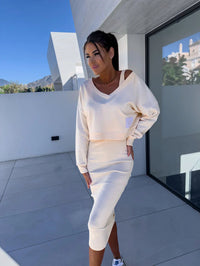 FLORA - ZWEITEILER-SET AUS PULLOVER UND KLEID – Weiß