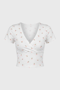 Crop Top Damen - Wickel Stil | V-Ausschnitt mit kurzen Ärmeln – Blumen Weiß