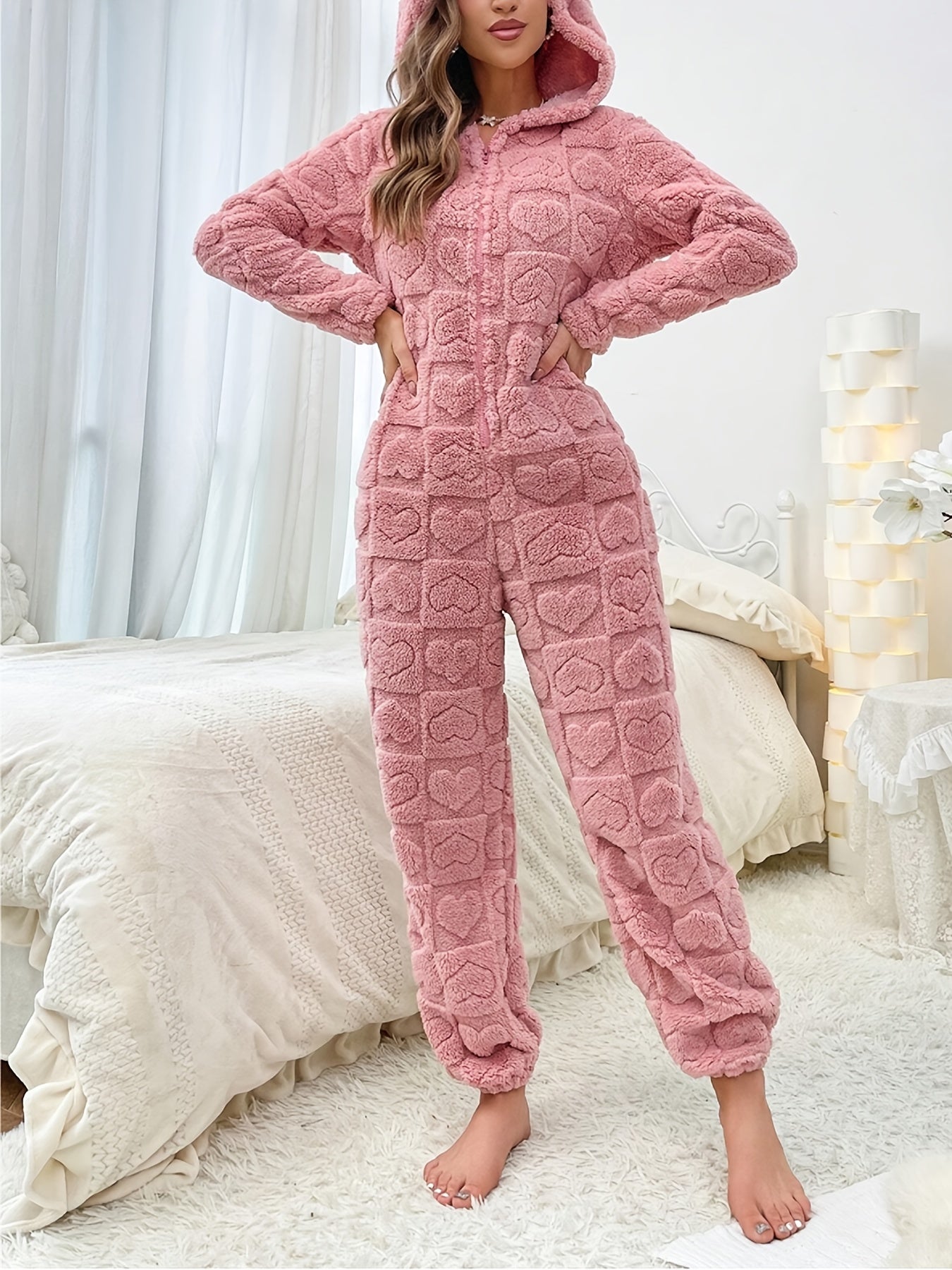 Leylina | Herz Jacquard Flauschiger Kapuzen-Nacht-Jumpsuit