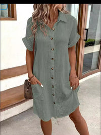 Buttoned Short Sleeve Pocket Casual Shirt Dress – Oliv