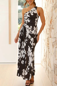 Deja -  Blumenmuster  Ein-Schulter Falten Maxi Kleid – SCHWARZ