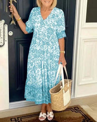 Palma | Elegantes V-Ausschnitt Blumenkleid – Hellblau