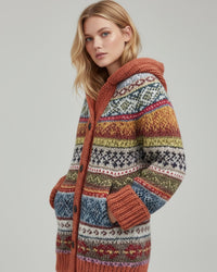 Damen Strickjacke mit Kapuze und Knöpfen - lang – Orange
