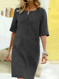 Heidi-Mode | Damen Kurzarm Baumwolle und Leinen Kleid – Schwarz