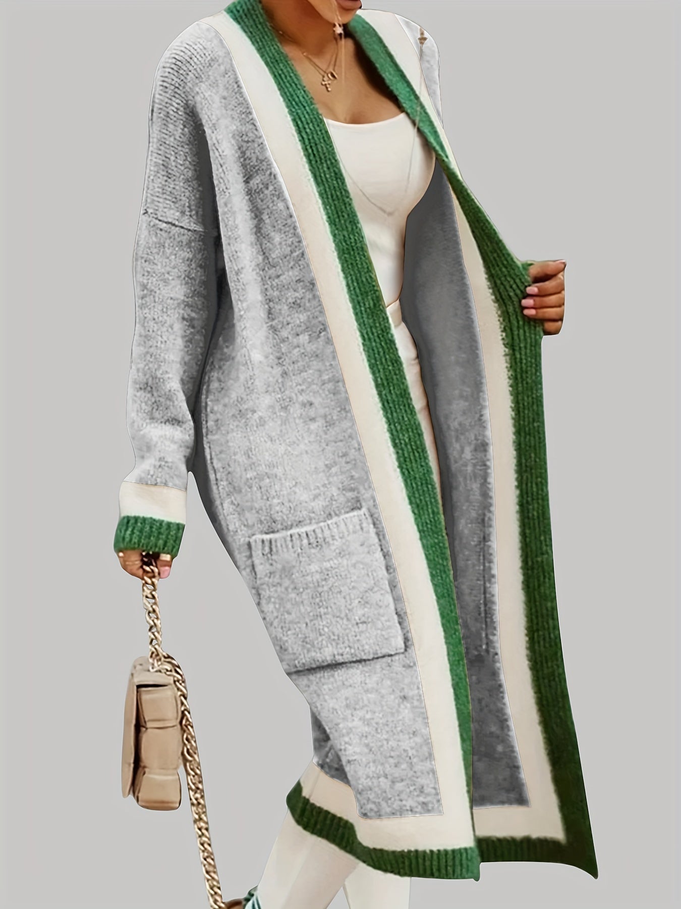 Leymira | Langer Cardigan mit Offener Vorderseite - Farbkontrast-Design