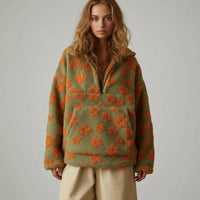 Bunter Oversize Teddy Pullover für Damen mit kurzem Reißverschluss und Stehkragen – Olivgrün