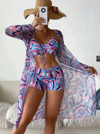 Catherine – 3-teiliges Bikini-Set mit Langarm-Cardigan für den Sommerstrand – Lila