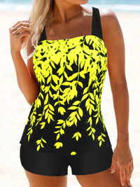 Heidi-Mode | Hochtaillierter Tankini mit Blattdruck – Schwarz-Gelb
