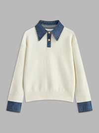 Amelie | Damen 2-in-1 Strick-Sweater mit Denim-Kragen und Metallknöpfen – Weiß