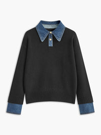 Amelie | Damen 2-in-1 Strick-Sweater mit Denim-Kragen und Metallknöpfen – Schwarz