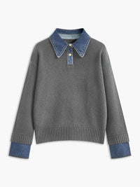 Amelie | Damen 2-in-1 Strick-Sweater mit Denim-Kragen und Metallknöpfen – Hellgrau