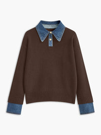 Amelie | Damen 2-in-1 Strick-Sweater mit Denim-Kragen und Metallknöpfen – Braun