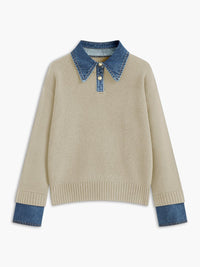 Amelie | Damen 2-in-1 Strick-Sweater mit Denim-Kragen und Metallknöpfen – Aprikose