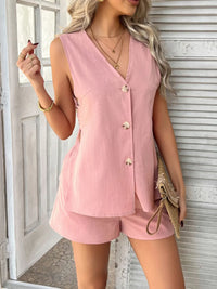 Damen Ärmelloses Sets Oberteil und Shorts mit V Ausschnitt und Knopfleiste – Rosa