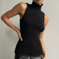 Damen ärmelloser Pullover mit Stehkragen und geradem Saum – Schwarz