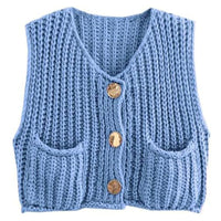 Damen Ärmellose Strickjacken mit V Ausschnitt und Knopfleiste – Blau