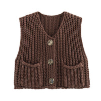 Damen Ärmellose Strickjacken mit V Ausschnitt und Knopfleiste – Braun