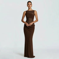 Damen Ärmelloses Maxi-Kleid mit Bootsausschnitt und transparentem Mesh-Einsatz mit drapiertem Hüftbereich – Braun