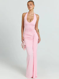 Damen Ärmelloses Maxi-Kleid mit tiefem Halter-V-Ausschnitt und Trägern mit Raffungen und offenem Rücken – Rosa